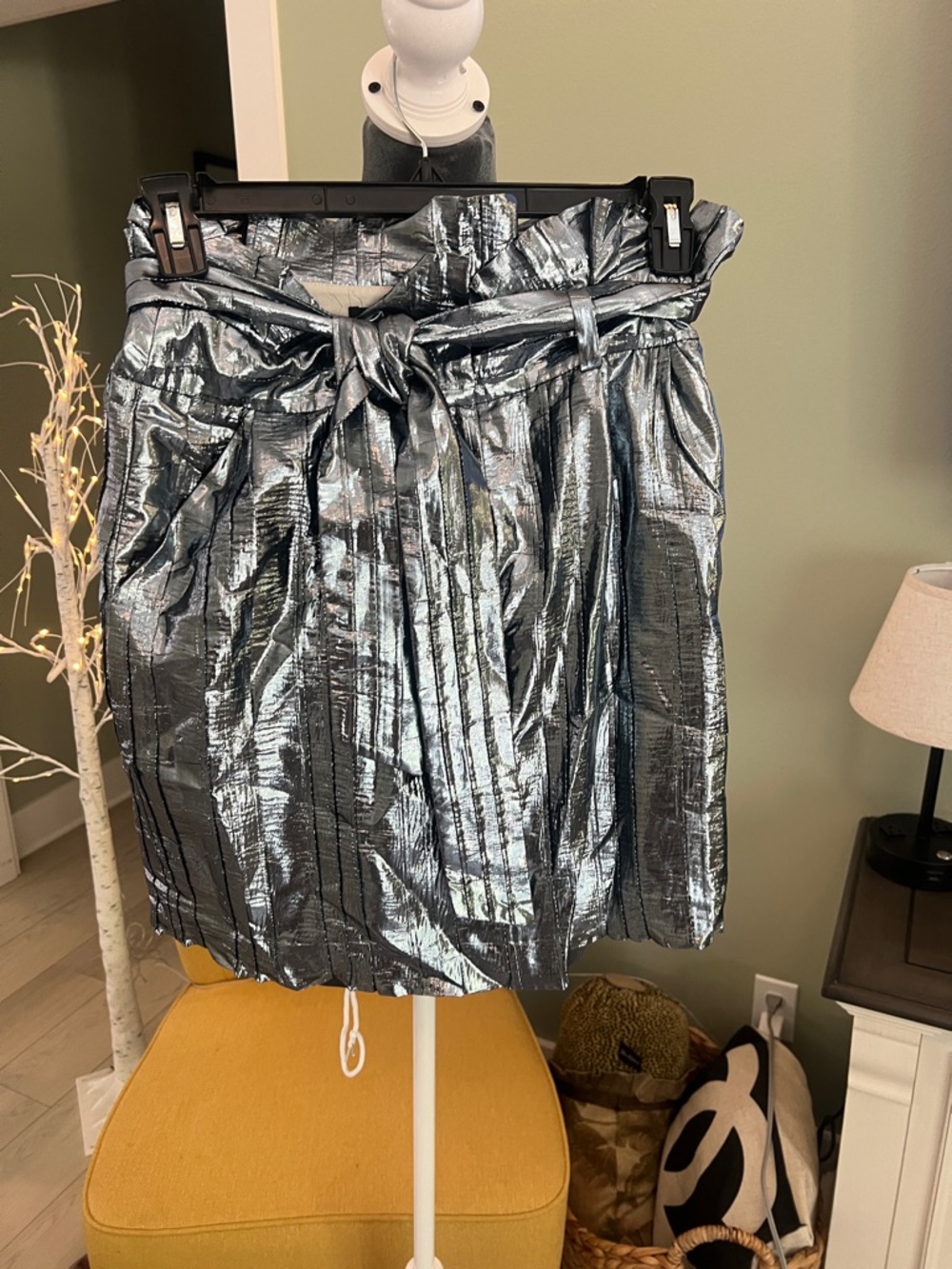 J. Crew Metallic Silver Paperbag Mini Skirt with Tie